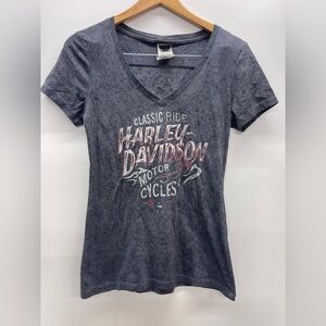 Harley-Davidson Women's Short Sleeve V-Neck Tee - Charcoal with Red & White Logo